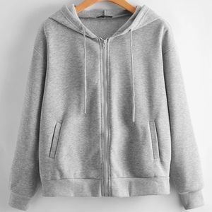 Drop Shoulder Zip Up Drawstring Hoodie